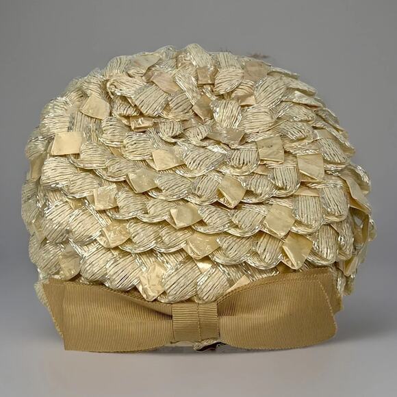 Vintage Women's Pillbox Hat Cream Raffia Straw Lt Brown Ribbon Valerie Modes 22” - Picture 1 of 5